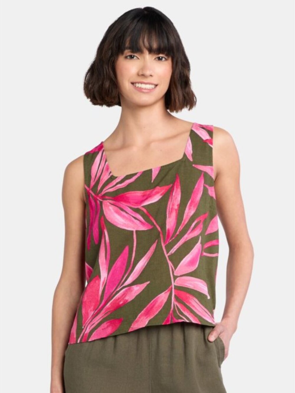 Time And Tru Linen Blend Tropical Print Tank Top Small